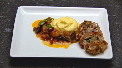 Chicken Involtino Served with Polenta and Caponata
