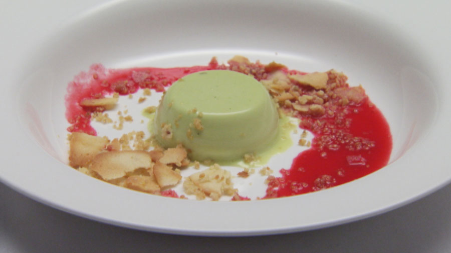 Basil Panna Cotta with Raspberry Coulis and Pinenut Tuile