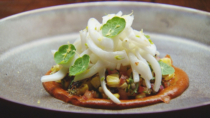 Confit Calamari with Adobo and Burnt Corn Salsa
