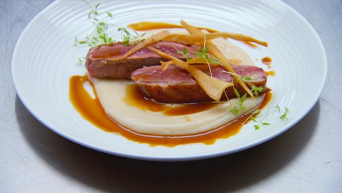 Pan-Fried Duck Breast with Parsnip Puree and Chips