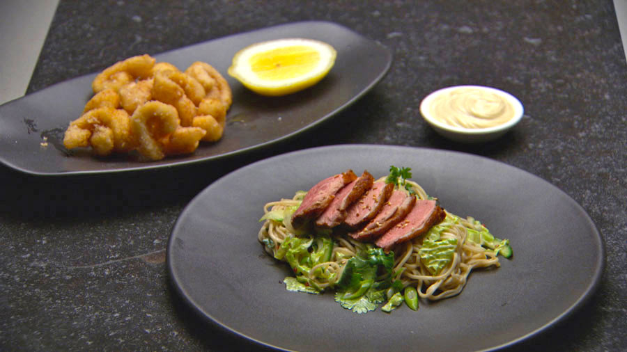 Soba Noodle and Duck Salad with Squid Kara-age with Japanese Mayonnaise