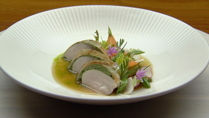 Roast Chicken, Summer Vegetables and Green Herb Consommé