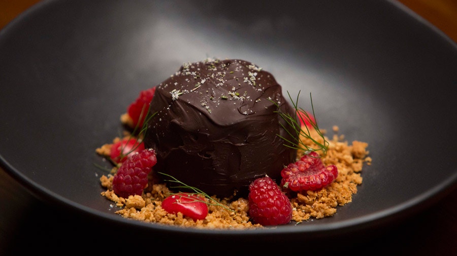 Chocolate Mousse Sphere with Raspberry Curd, Toasted Coconut Crumb and Rosemary Salt