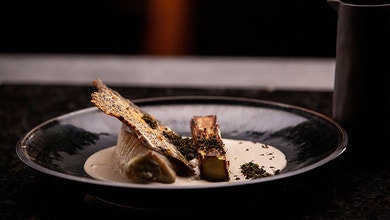 Broccoli Stem, Jerusalem Artichoke and Pine Nut Cream, Cod and Crispy Skin