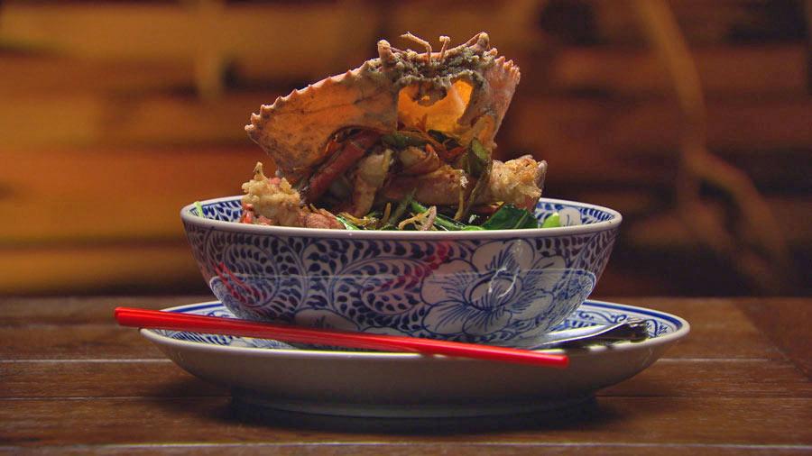 Szechuan and Coriander Mud Crab with Aromatic Chinese Broccoli