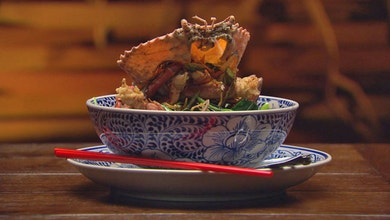 Szechuan and Coriander Mud Crab with Aromatic Chinese Broccoli