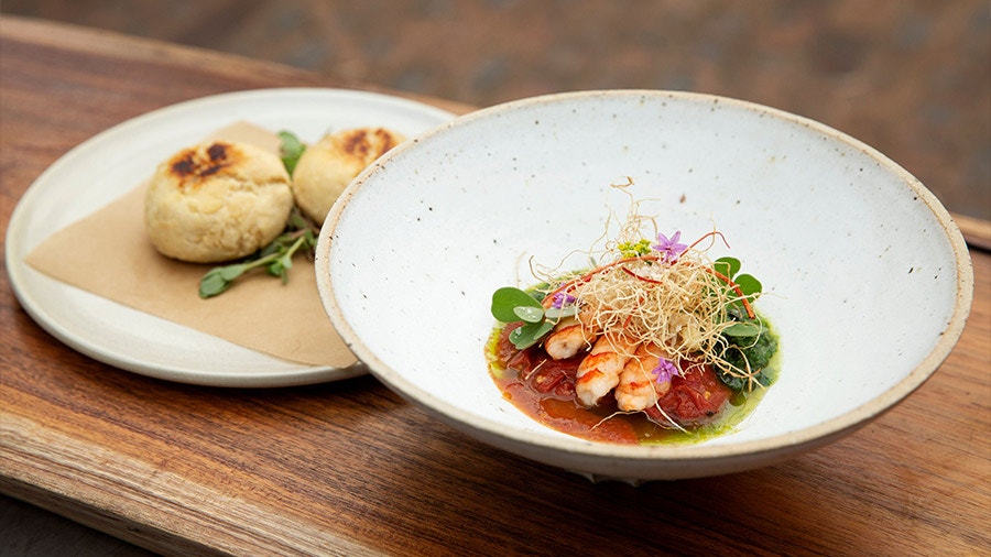 Smoked Butter Damper with Wood-Charred Yabbies, Scallion Emulsion and Woodfired Tomato