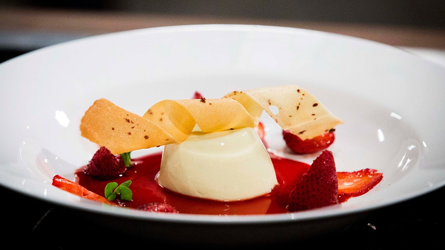 Basil Panna Cotta With Balsamic Strawberry Syrup Roasted Balsamic Strawberries And Peppercorn Tuille Network Ten