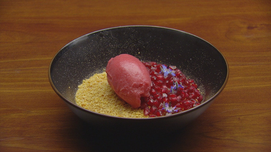 Kanafeh with Rose and Strawberry Sorbet