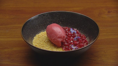 Kanafeh with Rose and Strawberry Sorbet