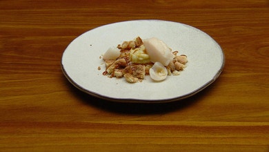 Lychee Sorbet with Caramelised Pineapple and Coconut Shortbread