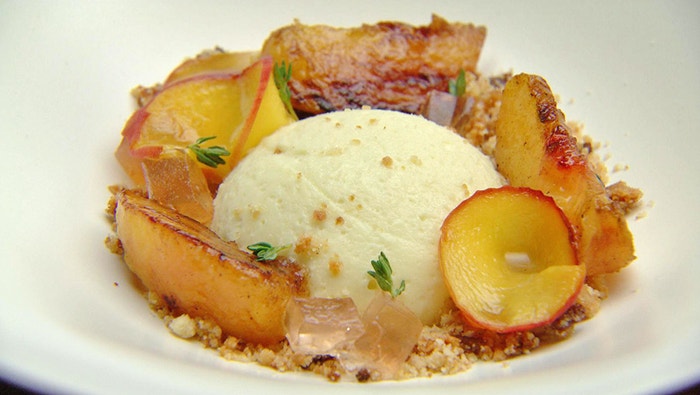 White Chocolate Blue Cheese Mousse with Peaches and Jelly