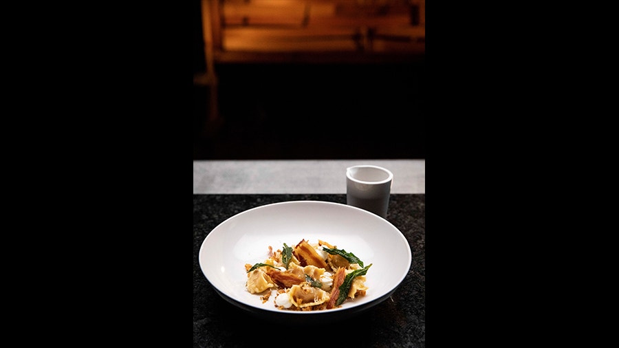 Pumpkin Agnolotti with Crispy Pancetta, Whipped Goat's Cheese and a Brown Butter Sauce