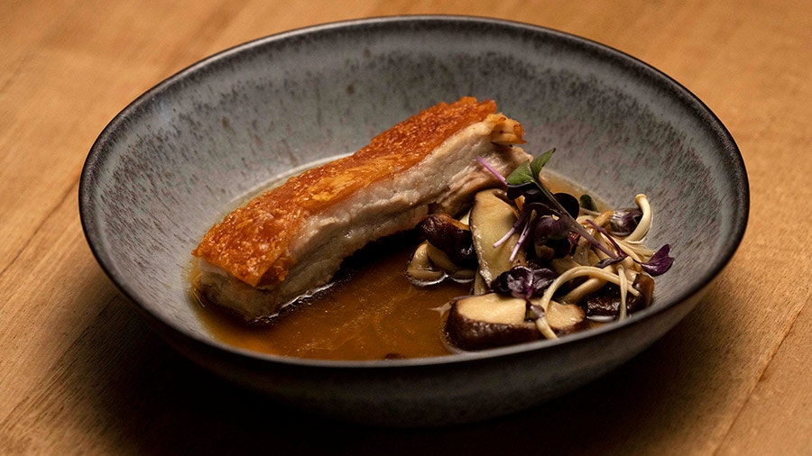 Crispy Pork Belly with Mushrooms and Broth