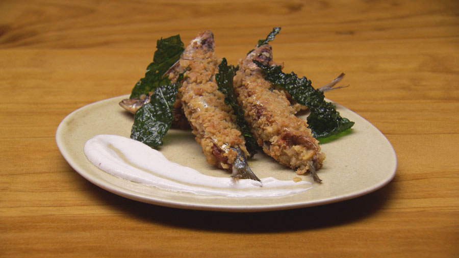 Crumbed Sardines with Kale Chips