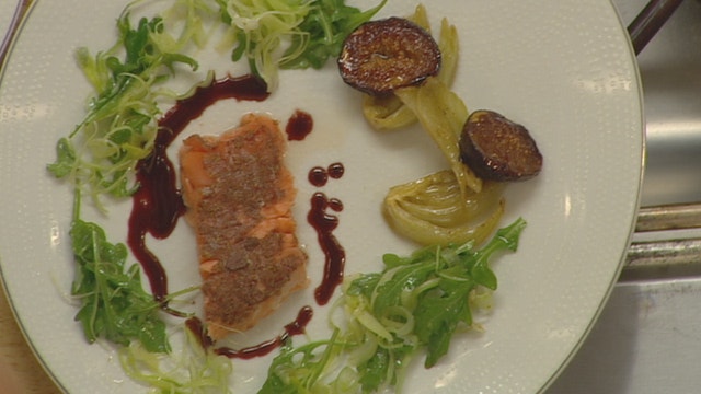 Salmon Baked in Clay with Braised Fennel, Roasted Figs and Arugula Salad