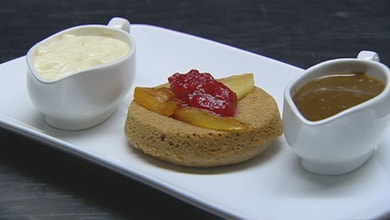 Spiced Apple and Rhubarb Pudding with Apple Juice Mascarpone and Butterscotch Sauce