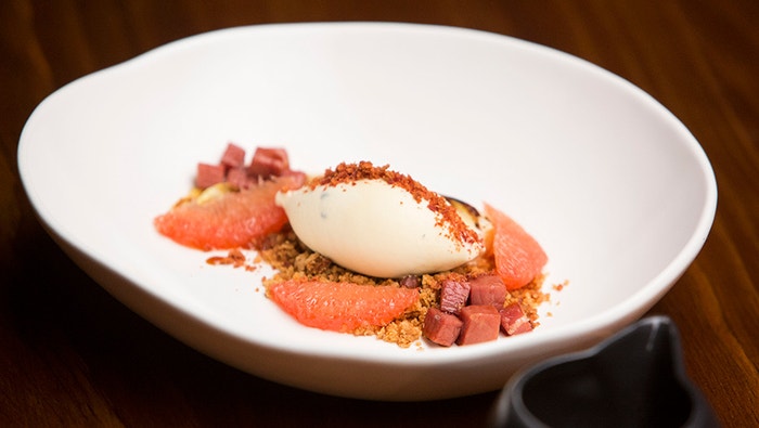 Blue Cheese Ice Cream with Almond Crumb, Candied Prosciutto and Braised Wombok