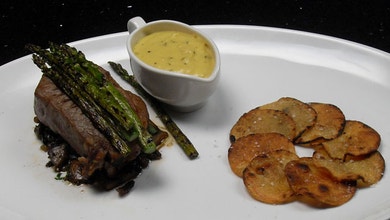 Porterhouse with Potato Gallette, Mushrooms, Asparagus and Bearnaise Sauce