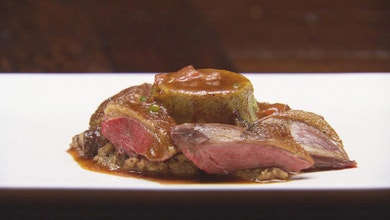 Roast Pigeon, Aubergine Puree and Green Pepper Custard