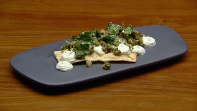 Crispbread with Herb Labneh and Kalette Pesto