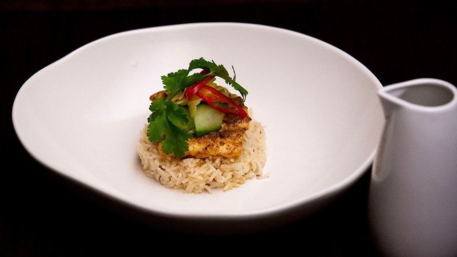 plating fish and rice