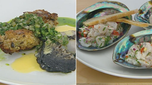 Seaweed Crumbed Crayfish Tails with Ceviche, Chargrilled Paua (Abalone) and Salsa Verde Ceviche