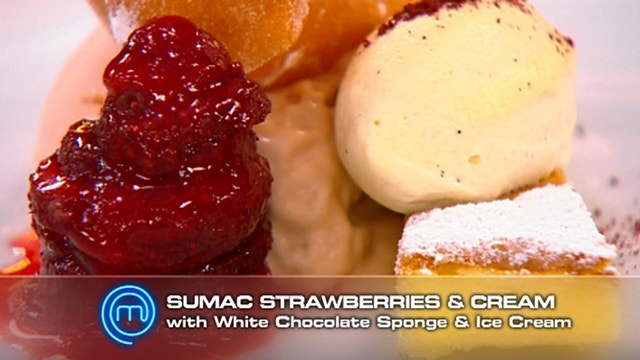 Sumac Strawberries and Cream with White Chocolate Sponge and Ice Cream