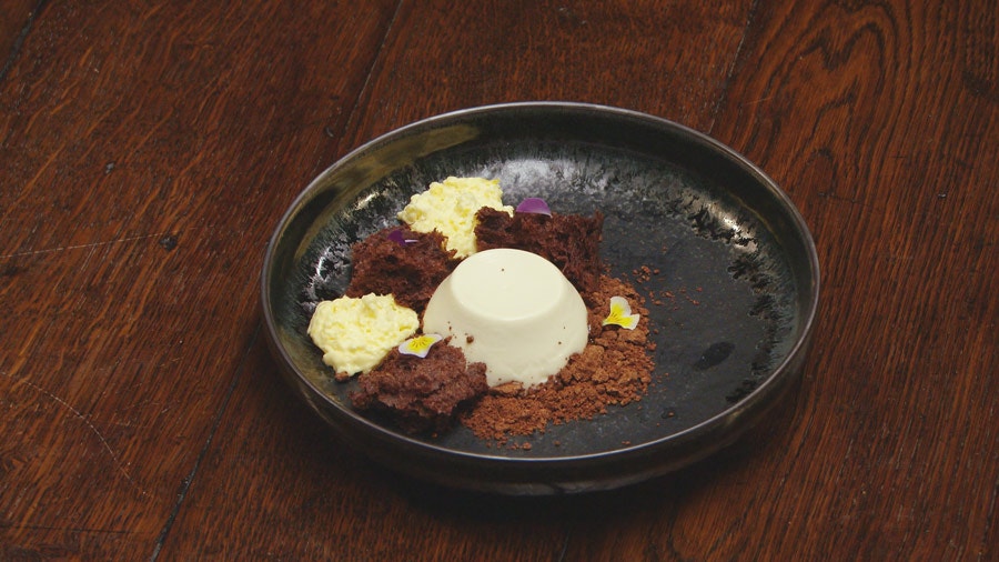 Earl Grey Panna Cotta with Chocolate Sponge and Cholcolate Soil