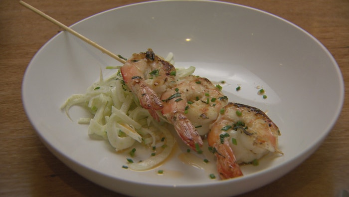 Prawn Skewers with Fennel Remoulade and Prawn Oil