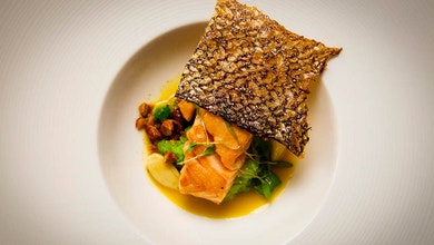 Salmon with Peas, Almonds and Saffron