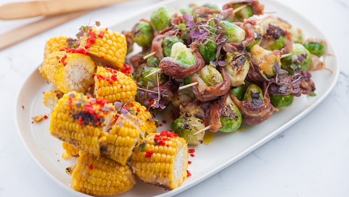 BBQ Brussels Sprout Skewers with Almond Miso Butter
