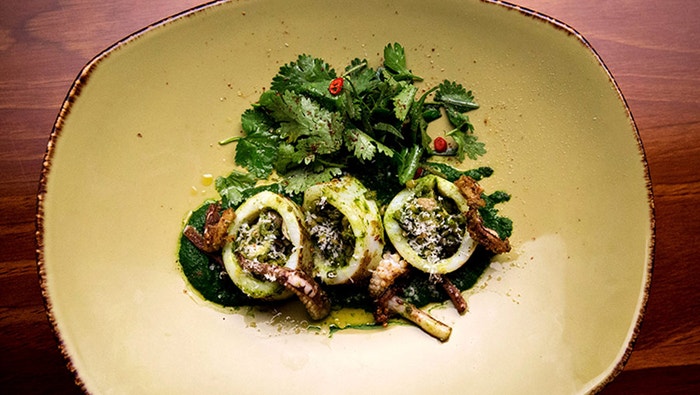 Pearl Barley and Herb Risotto Stuffed in Spiced Squid
