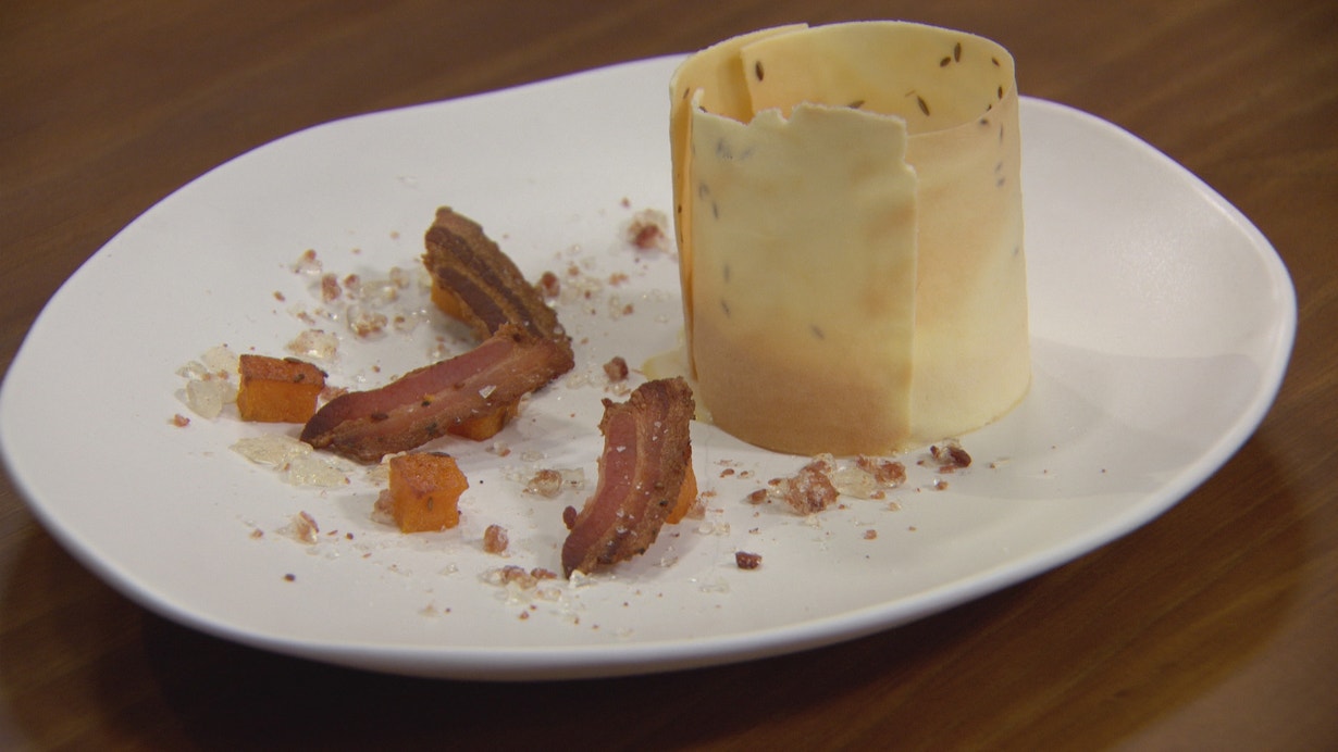 Pumpkin Ice Cream Stack, Cumin Tuile and Pancetta Praline