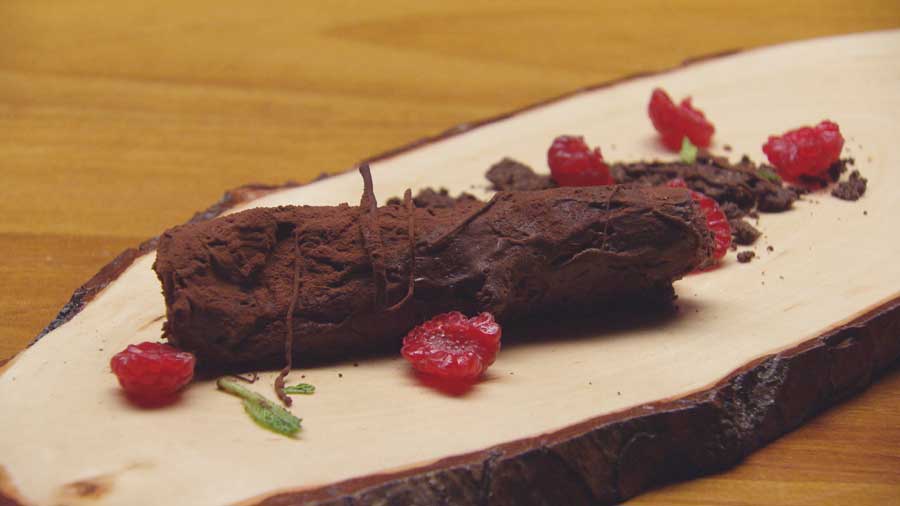 Tempered Chocolate Log with Ganache and Chocolate Soil