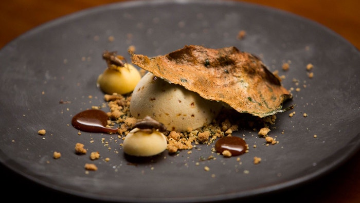 Cricket Caramel Semifreddo with Lime Curd and Betel Leaf Crumb