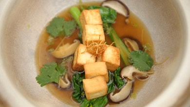 Fried Tofu with Mushroom and Ginger Broth