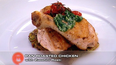 Oven Roasted Chicken with Potato and Zucchini Fritter and Parsley and Garlic Butter