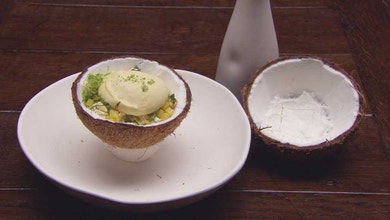 Passionfruit Sphere and Coconut Granita with Pineapple