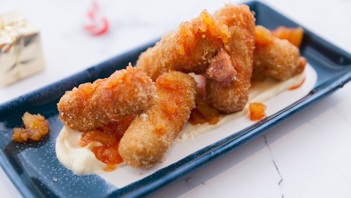 Ham Hock Croquette, Smoked Kewpie, Spicy Vanilla Pineapple Chutney