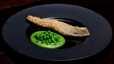 Battered Whiting with Parsley and Garlic Emulsion and Crushed Peas