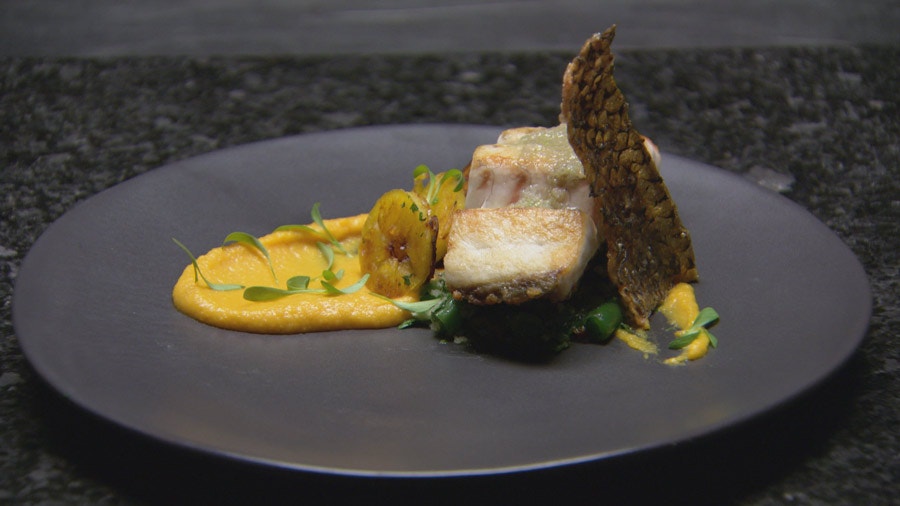 Barramundi with Pumpkin Puree, Coconut and Bean Salad, Nahm and Patacones