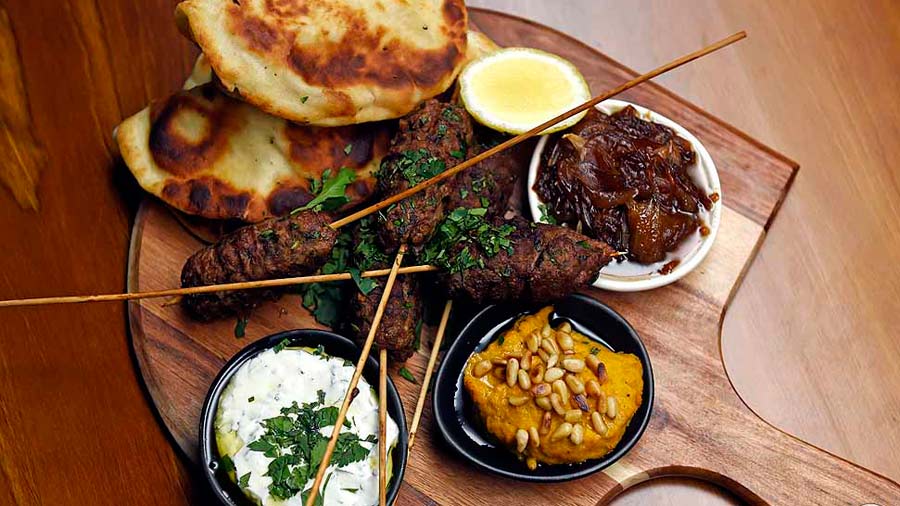 Lamb Koftas with Onion Jam, Hommus and Coriander Yoghurt