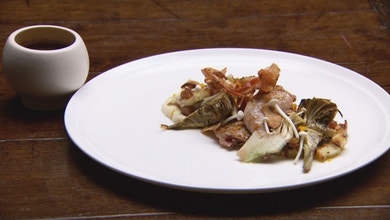 Grilled Quail with Artichokes, Mushroom Panzanella and Red Wine Jus