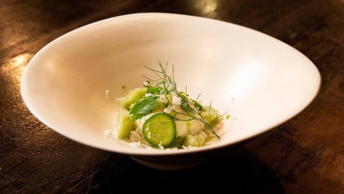 Lime and Ginger Mousse with Cucumber and Thai Basil Granita