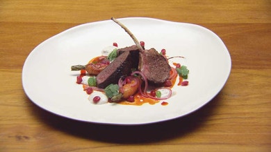 Spiced Pomegranate Glazed Lamb with Red Capsicum and Yoghurt Sauce, Roast Carrot and Fresh Pomegranate