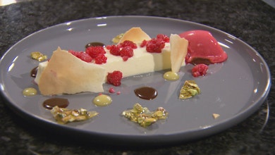 White Chocolate Panna Cotta with Salted Caramel Ganache, Lemon Curd and Raspberry Sorbet