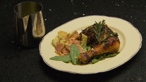 Chicken Maryland With Almond And Mint Sauce And Baked Fennel