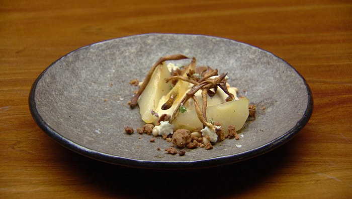 Spiced Poached Pears with Goats Cheese Mousse