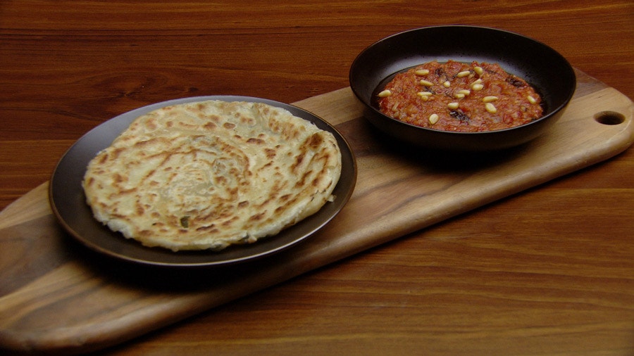 Basil Lachha Paratha with Tomato Curry